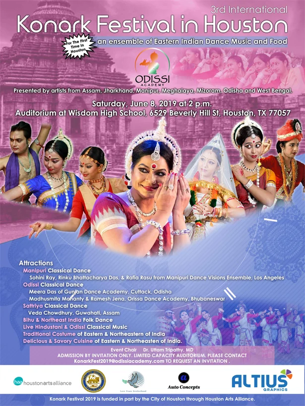 Colorful flyer for the 3rd Konark Festival in Houston showcasing cultural dance performances