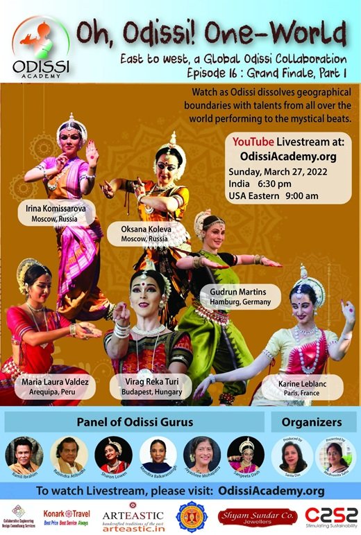 Odissi dancers in elegant traditional attire performing on a beautifully decorated stage during Oh Odissi One World Episode-16 Part-1