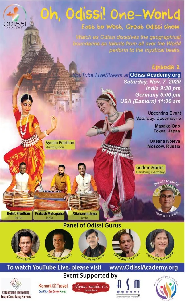 Promotional banner for Oh Odissi One World Episode 2 YouTube Livestream featuring Odissi dancers in traditional attire and event details