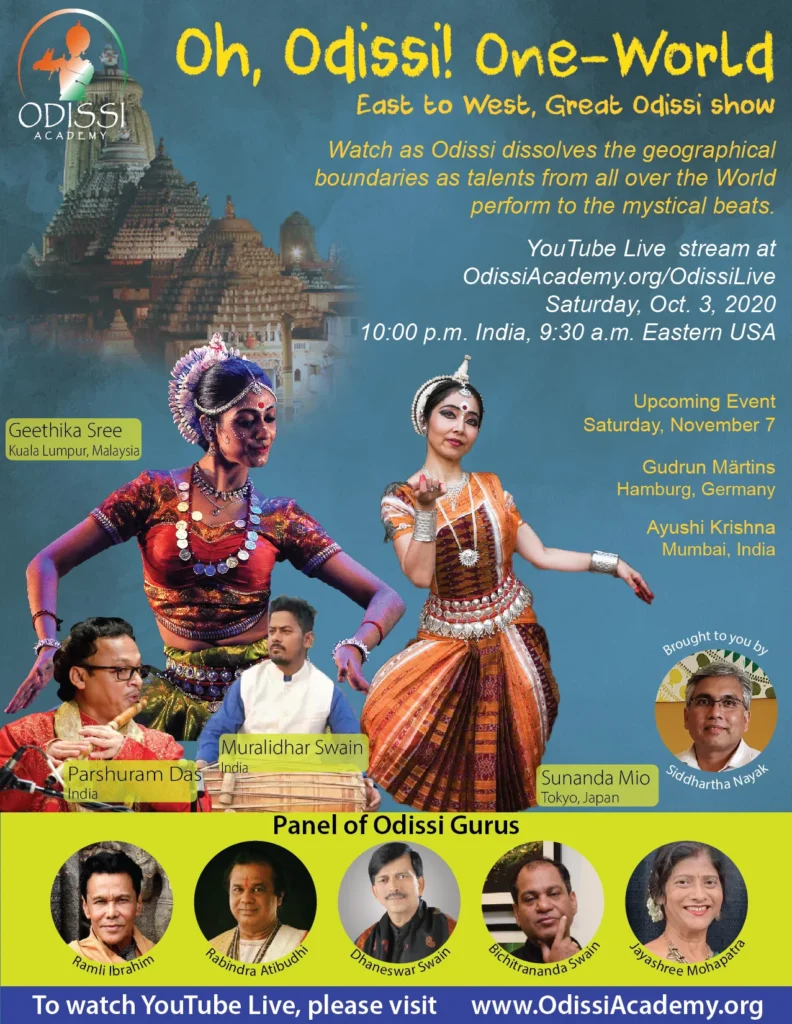 Promotional banner for Oh Odissi One World YouTube Livestream at @OdissiAcademy featuring Odissi dancers in traditional attire and event details