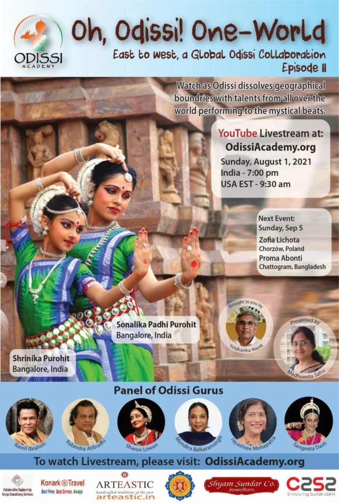 Promotional banner for Oh Odissi One World Episode 11 YouTube Livestream with Odissi dancers and event details