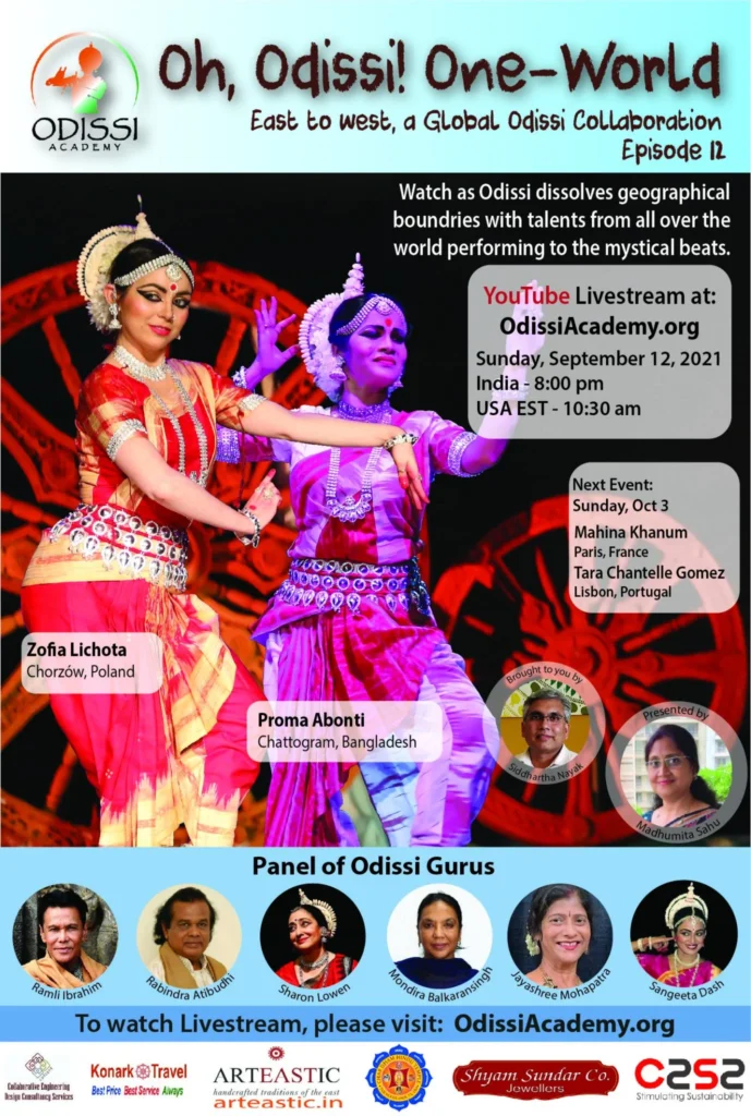 Promotional banner for Oh Odissi One World Episode 12 YouTube Livestream featuring Odissi dancers and event details