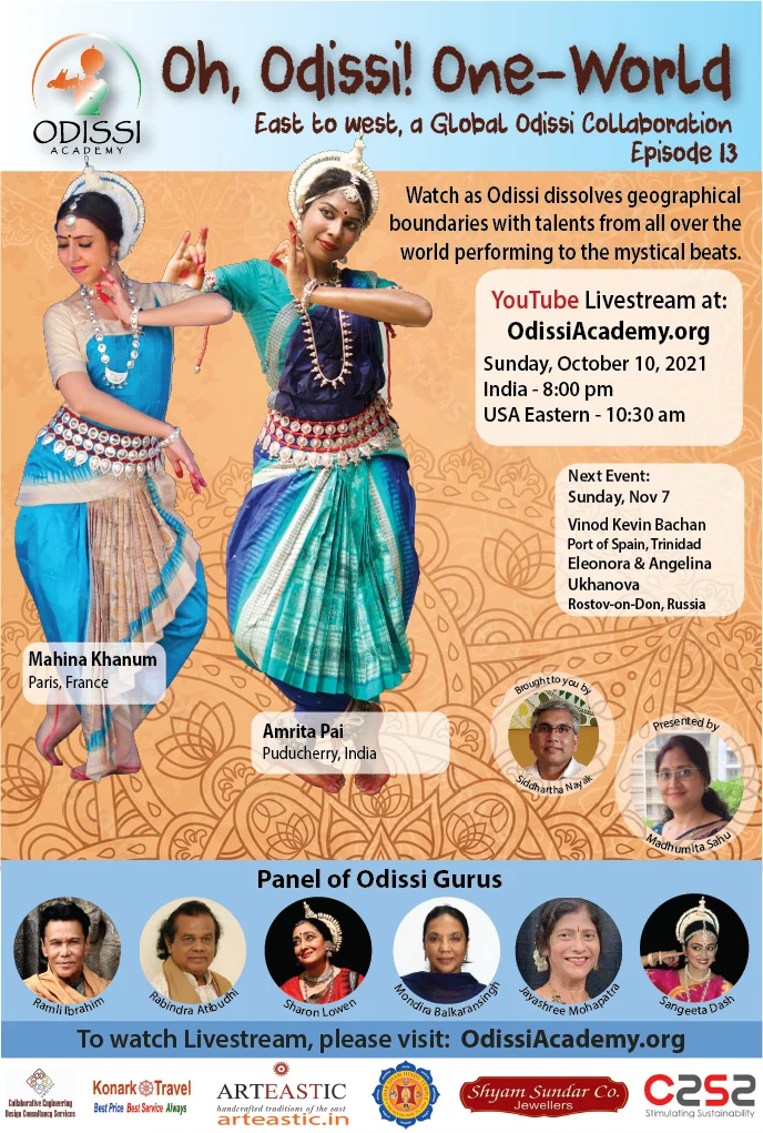 Promotional banner for Oh Odissi One World Episode 13 YouTube Livestream with images of Odissi dancers and event details