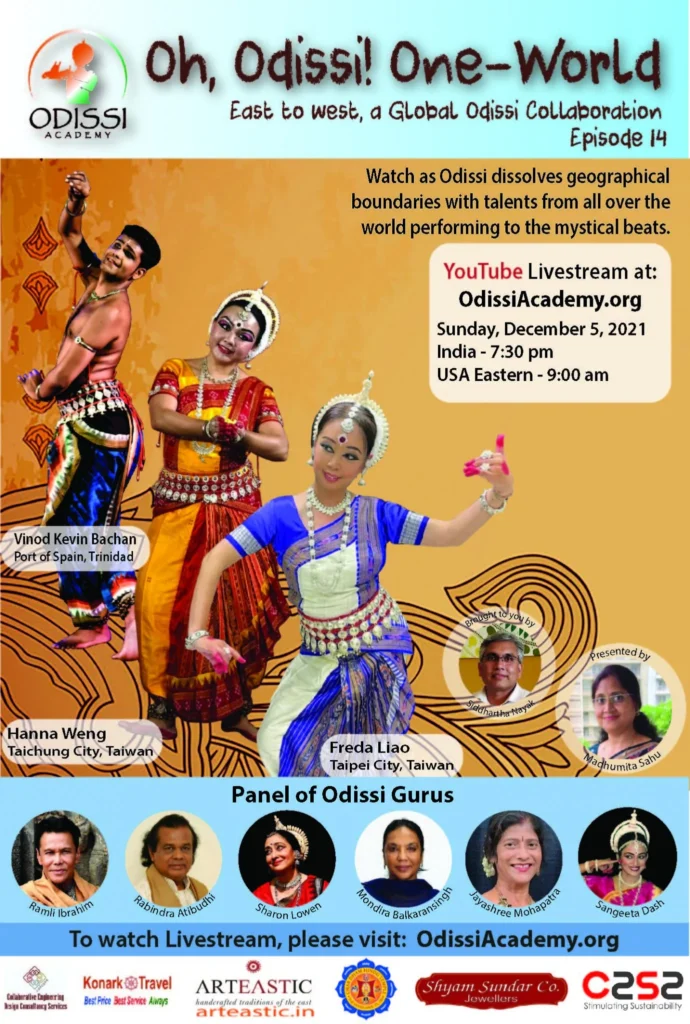 Promotional banner for Oh Odissi One World Episode 14 YouTube Livestream with a collage of Odissi dancers and event details