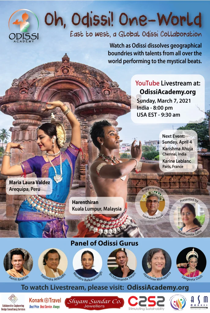 Promotional banner for Oh Odissi One World Episode 6 YouTube Livestream featuring Odissi dancers in traditional attire and event details