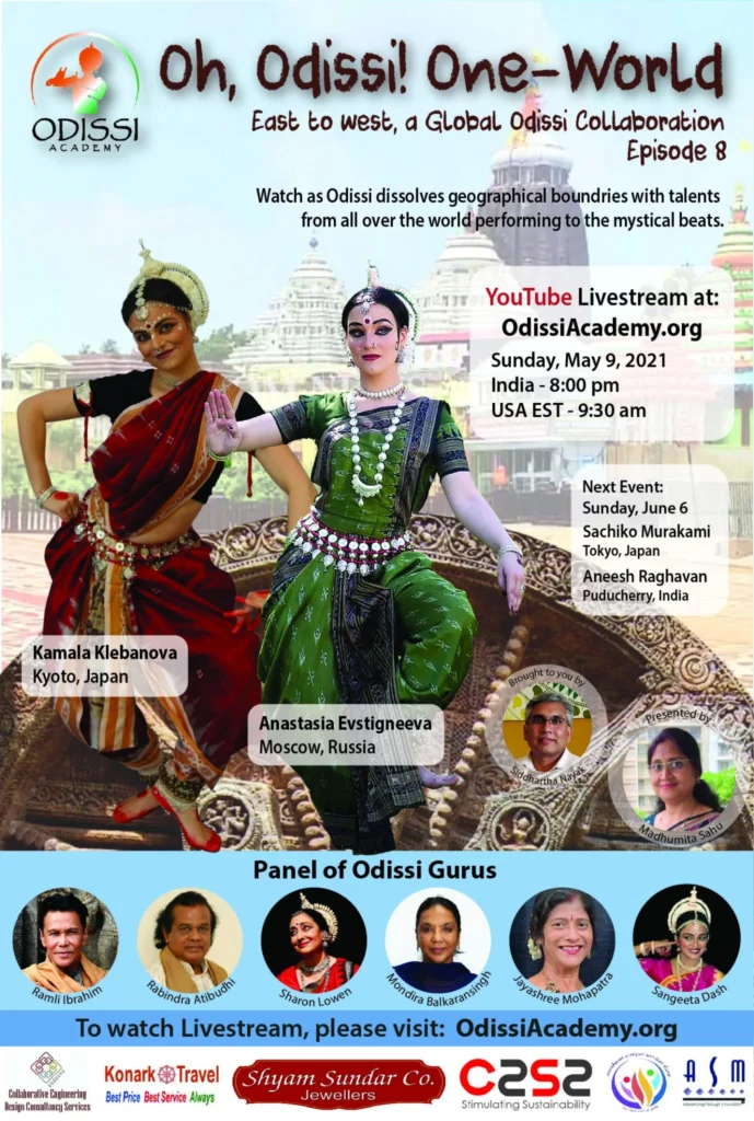 Promotional banner for Oh Odissi One World Episode 8 YouTube Livestream featuring Odissi dancers in traditional attire and event details