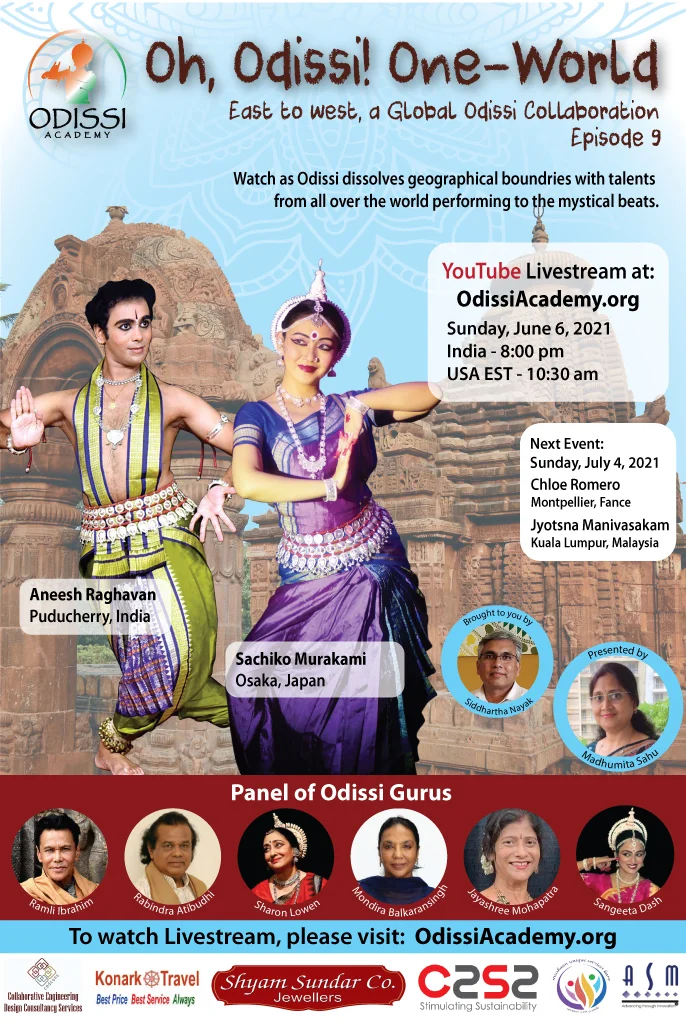 Promotional banner for Oh Odissi One World Episode 9 YouTube Livestream featuring Odissi dancers in traditional attire and event details