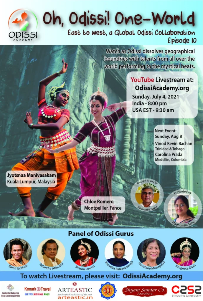 Promotional banner for Oh Odissi One World Episode 10 YouTube Livestream featuring Odissi dancers and event details