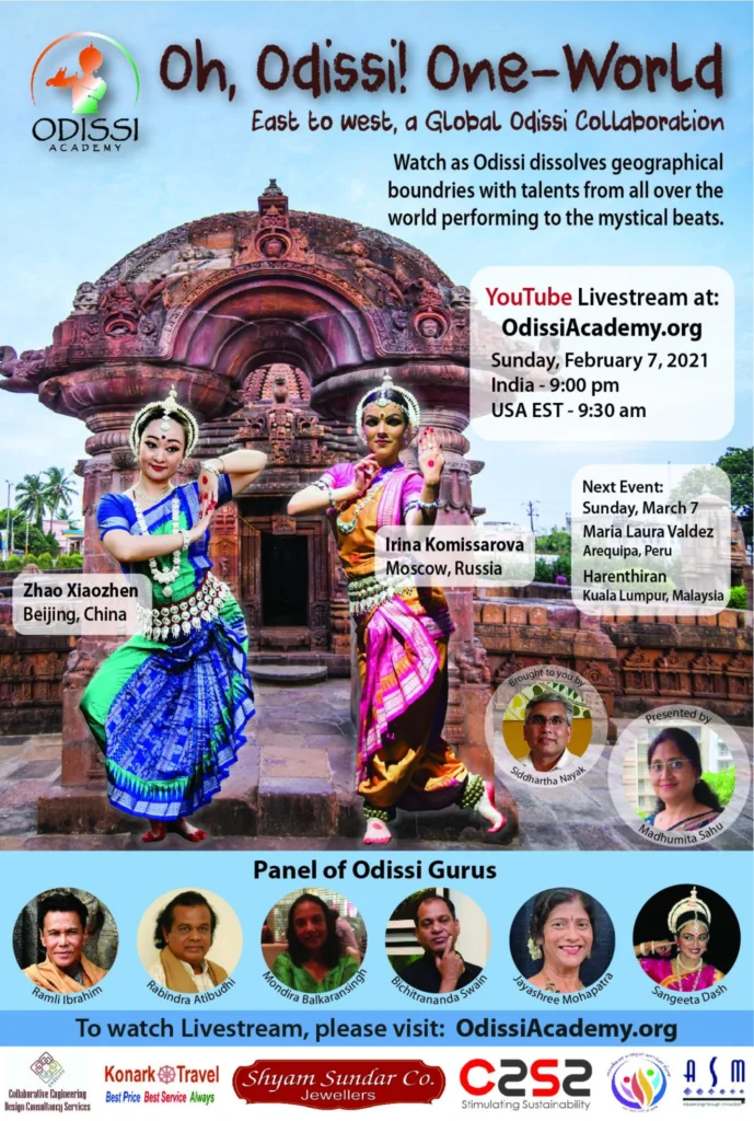 Promotional banner for Oh Odissi One World Episode 5 YouTube Livestream featuring Odissi dancers in traditional attire and event details