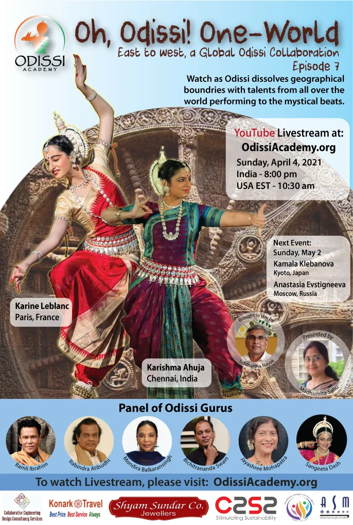 Promotional banner for Oh Odissi One World Episode 7 YouTube Livestream featuring Odissi dancers in traditional attire and event details