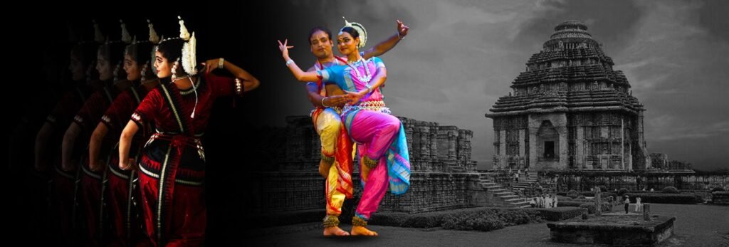 Odissi Academy banner featuring dancers in traditional Odissi poses, with event details and decorative elements